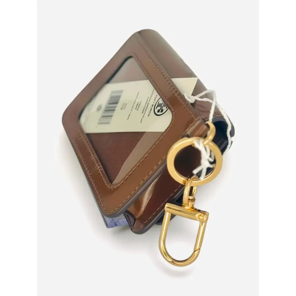 $175 Tory Burch Flap Card Case Wallet Brown Patent Leather Gold Key Chain